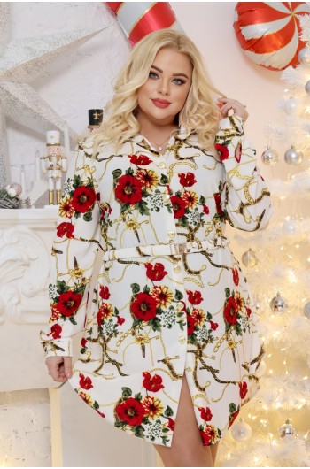 Świąteczna sukienka koszulowa w kwiaty Sw-02 z paskiem, biała