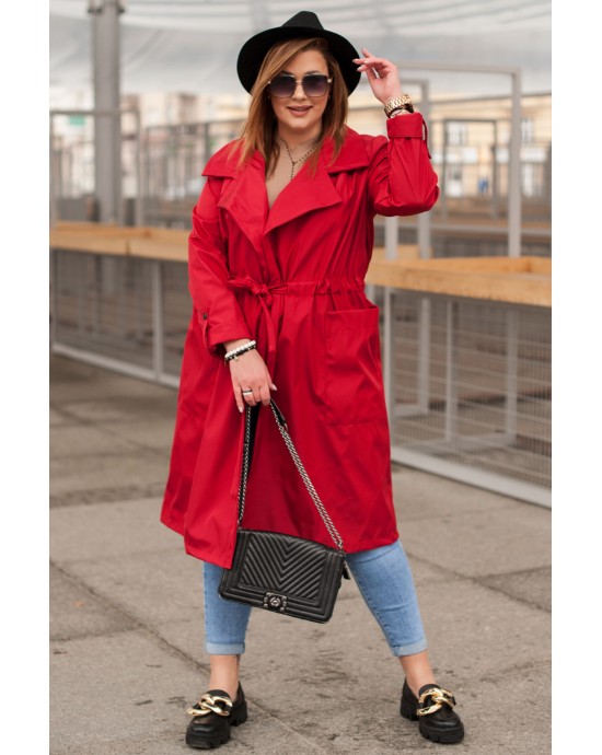 PATRIZIA - Czerwony płaszcz wiązany z dużymi kieszeniami