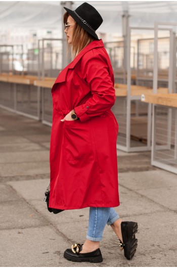 PATRIZIA - Czerwony płaszcz wiązany z dużymi kieszeniami
