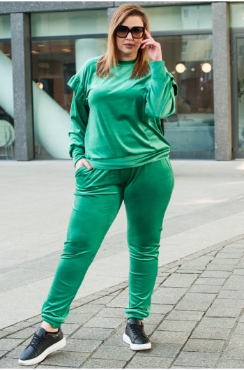 SALE! DOZIA - Bluza welurowa z falbankami w kolorze zielonym