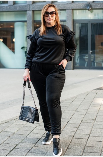SALE! DOZIA - Bluza welurowa z falbankami w kolorze czarnym