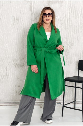POLLY - Wiązany elegancki płaszcz flauszowy w kolorze zielonym