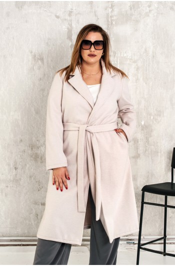 POLLY - Wiązany elegancki płaszcz flauszowy w ozdobnym...