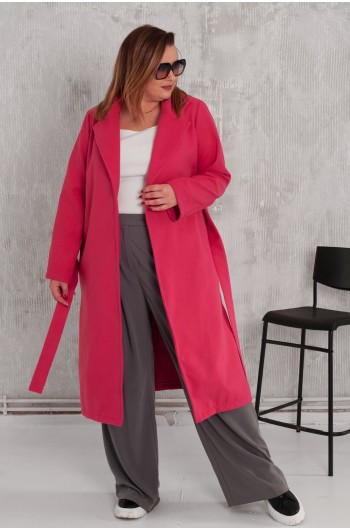 POLLY - Wiązany elegancki płaszcz flauszowy w kolorze malinowym