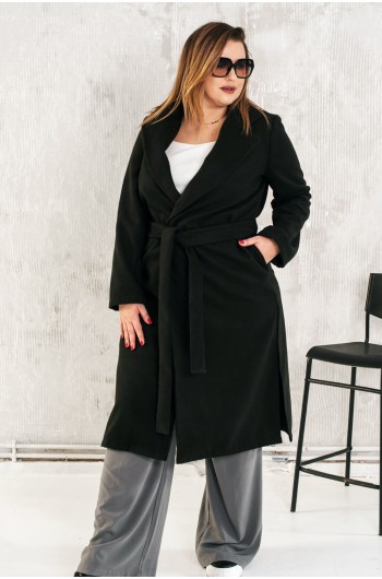 SALE! POLLY - Wiązany elegancki płaszcz flauszowy w kolorze czarnym