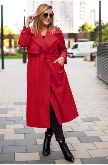 SALE! PAQUITA - Wiązany elegancki płaszcz w kolorze czerwonym