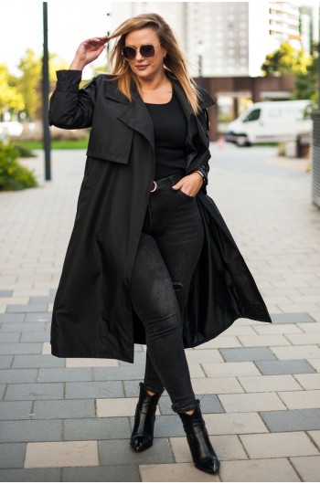 SALE! PAQUITA - Wiązany elegancki płaszcz w kolorze czarnym