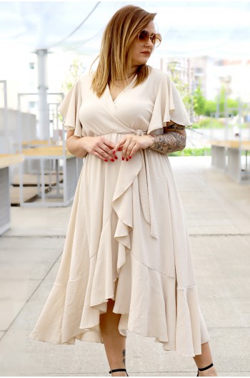 FRANCESCA - Elegancka sukienka z falbankami w kolorze beżowym