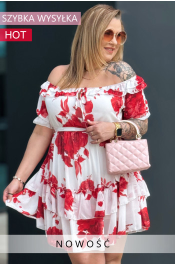 ELISABETH - Szyfonowa biała sukienka z falbankami w kwiaty...