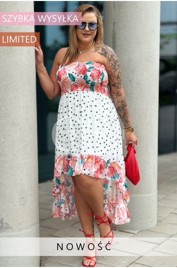 Valentina - Sukienka gorsetowa styl Latino biała w kwiaty różowe