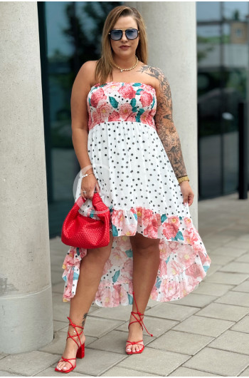 Valentina - Sukienka gorsetowa styl Latino biała w kwiaty różowe