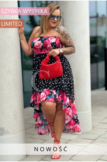 Valentina - Sukienka gorsetowa styl Latino czarna w kwiaty czerwone