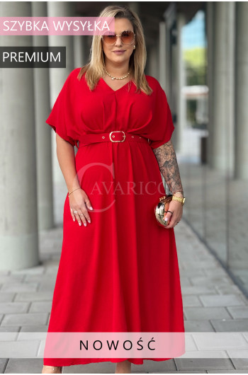 AMANDA - Długa sukienka z ozdobnym paskiem w kolorze czerwonym