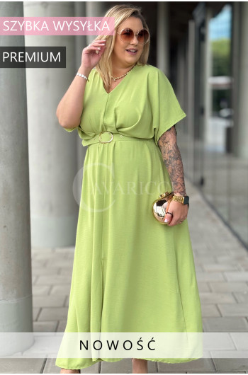 AMANDA - Długa sukienka z ozdobnym paskiem w kolorze oliwkowym