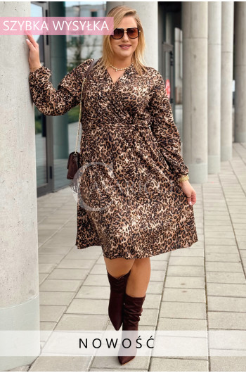 MARTI - Prosta jesienna sukienka z długim rękawem wzór zwierzęcy...