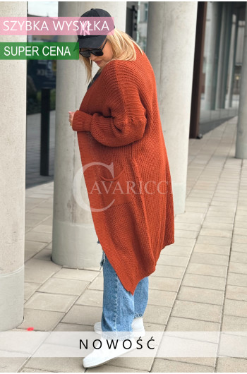 LUNGA - Długi klasyczny sweterek z kieszeniami w kolorze rudym