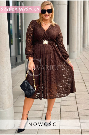 CORTONA - Prosta jesienna sukienka koronkowa z paskiem w kolorze...