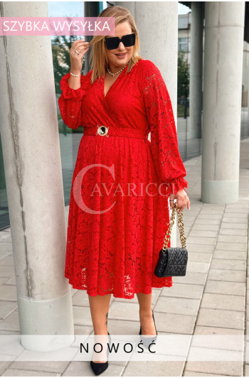 CORTONA - Prosta jesienna sukienka koronkowa z paskiem w kolorze...
