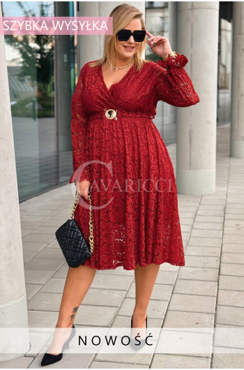 CORTONA - Prosta jesienna sukienka koronkowa z paskiem w kolorze...