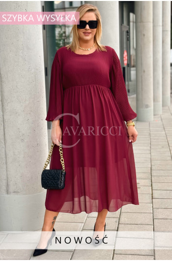 BELLUNO - Elegancka sukienka z plisowaną górą w kolorze bordowym