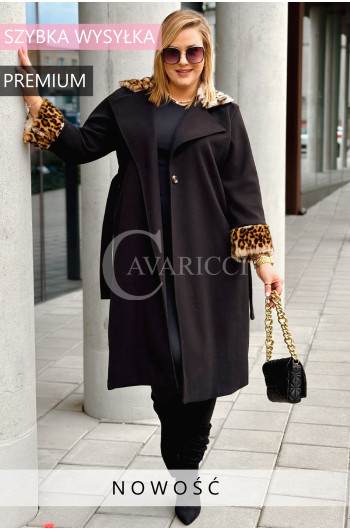CONSTANZIA - Płaszcz wiązany z panterkowym futerkiem w kolorze...