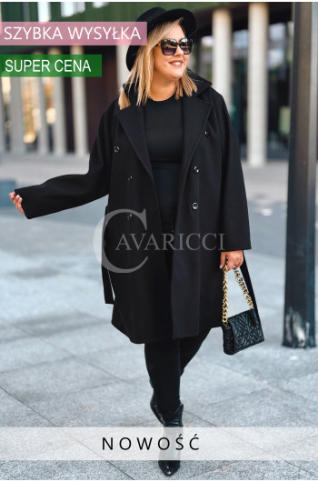 TRANI - Klasyczny płaszcz z guzikami i paskiem w kolorze czarnym