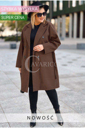 TRANI - Klasyczny płaszcz z guzikami i paskiem w kolorze brązowym