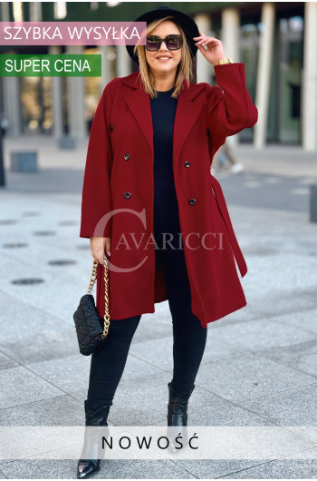TRANI - Klasyczny płaszcz z guzikami i paskiem w kolorze czerwonym