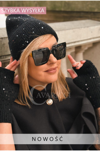 ZESTAW “LIVIA” – czapka + minetki z cekinami, kolor czarmy