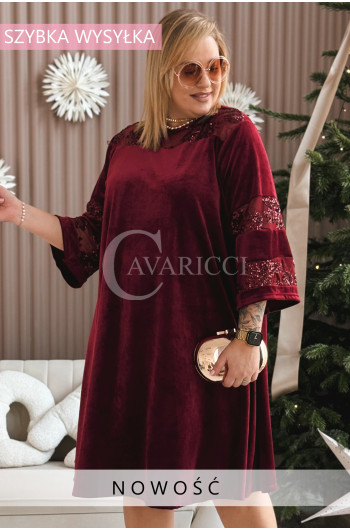 VERONELLA - Trapezowa midi welurowa sukienka z koronką w kolorze...