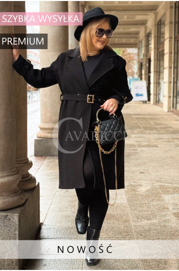 LUSSO - Elegancki czarny płaszcz z paskiem ze złotą klamrą w...