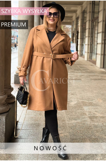 LUSSO - Elegancki karmelowy płaszcz z paskiem ze złotą klamrą w...