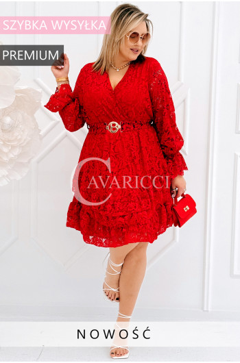 CORTI - Wiosenna koronkowa sukienka do kolan z paskiem w kolorze...