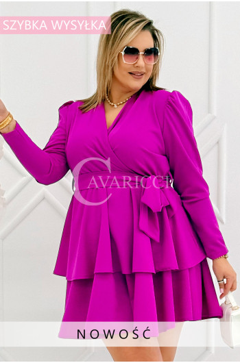 ROSELLA - Kobieca sukienka z falbankami i bufkami w kolorze fuksji