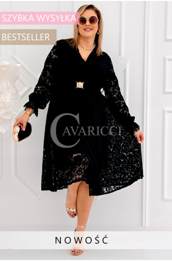 CORTONA - Wiosenna koronkowa sukienka z paskiem w kolorze czarnym