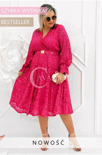 CORTONA - Wiosenna koronkowa sukienka z paskiem w kolorze fuksji