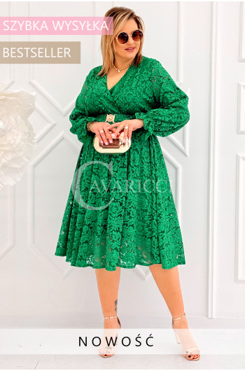 CORTONA - Wiosenna koronkowa sukienka z paskiem w kolorze zielonym