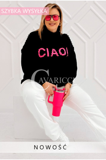 CIAO - Stylowy sweter zdobiony napisem z półgolfem i ozdobnymi...