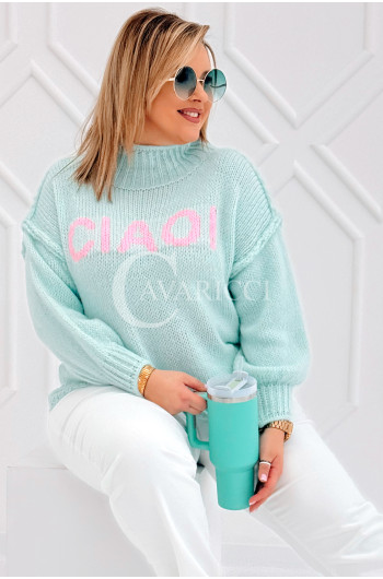 CIAO - Stylowy sweter zdobiony napisem z półgolfem i ozdobnymi...