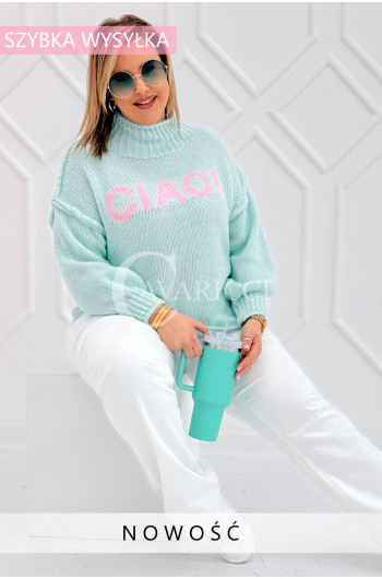 CIAO - Stylowy sweter zdobiony napisem z półgolfem i ozdobnymi...