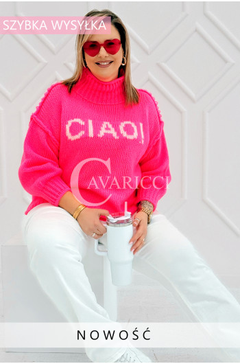 CIAO - Stylowy sweter zdobiony napisem z półgolfem i ozdobnymi...