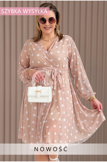 GAIA - Tiulowa sukienka w groszki z ozdobnym paskiem w kolorze caffe