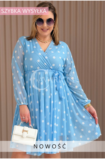 GAIA - Tiulowa sukienka w groszki z ozdobnym paskiem w kolorze...