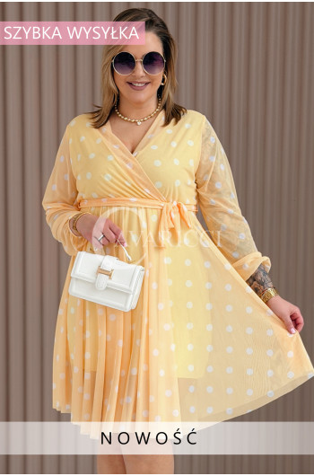 GAIA - Tiulowa sukienka w groszki z ozdobnym paskiem w kolorze...