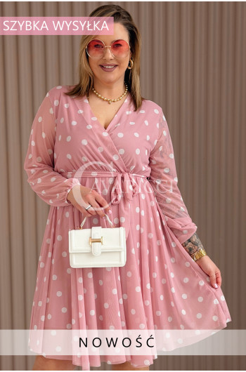 GAIA - Tiulowa sukienka w groszki z ozdobnym paskiem w kolorze...