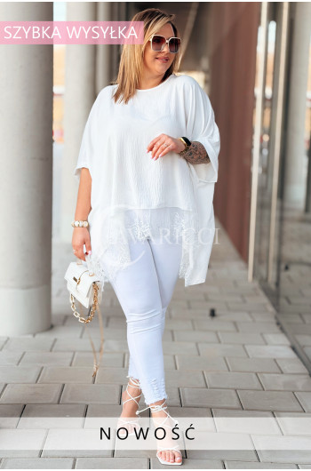 BINA - Modowa oversizowa bluzka wykończenie w koronce w kolorze...