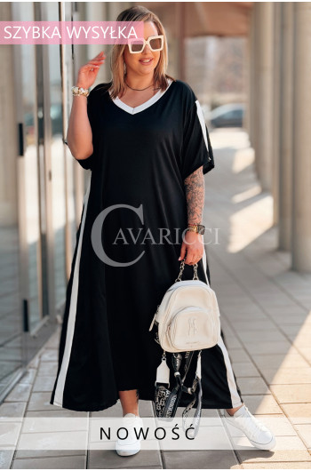 BRUNA - Długa prążkowana sukienka z lampasem w kolorze czarnym