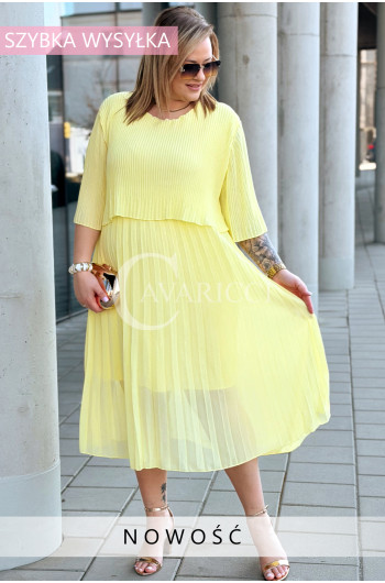 LETIZIA - Sukienka plisowana midi zwiewna na wesele w kolorze żółtym