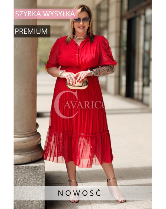 Sukienka OTTAVIA plus size – luksusowa z plisowanym tiulem i bufkami w kolorze czerwonym, biust 100-120 cm, na wieczorne wesele