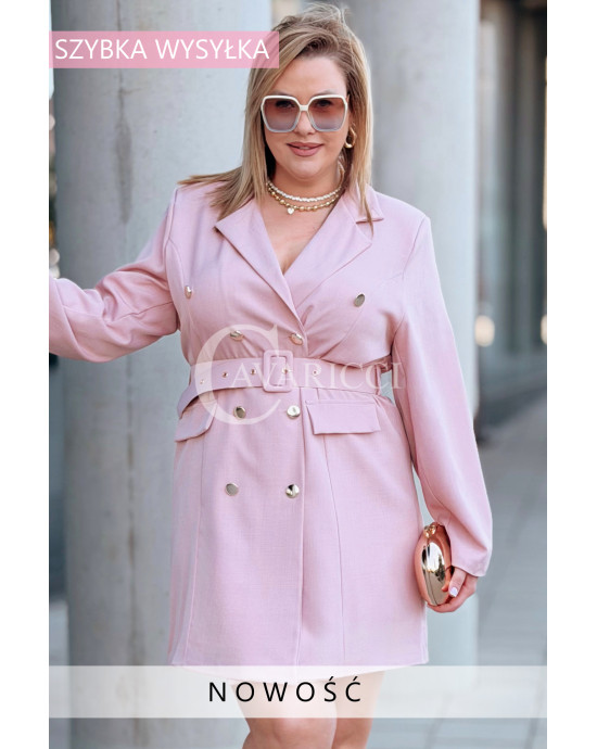 Sukienka OLIMPIA plus size – elegancka w fasonie marynarki z paskiem na podszewce, kolor różowy pastelowy, biust 100-120 cm, na ślub cywilny